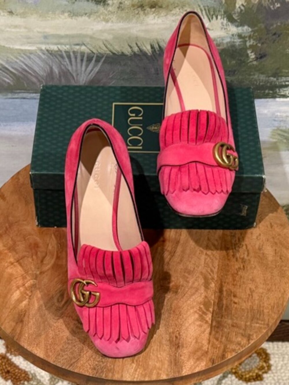 Gucci - PInk Suede Pumps w Marmont fringe & Gold GG detail - Size 9.5 / IT 39.5